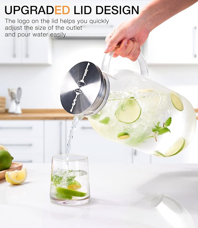 LUNA&MANTHA 1 Gallon Glass Pitcher with Lid and Spout, 128oz Water Pitcher with Handle for Fridge, Large Iced Tea Jug for Juice, Coffee, Sangria, Beverage, Borosilicate Glass Carafe Hot/Cold Drink
