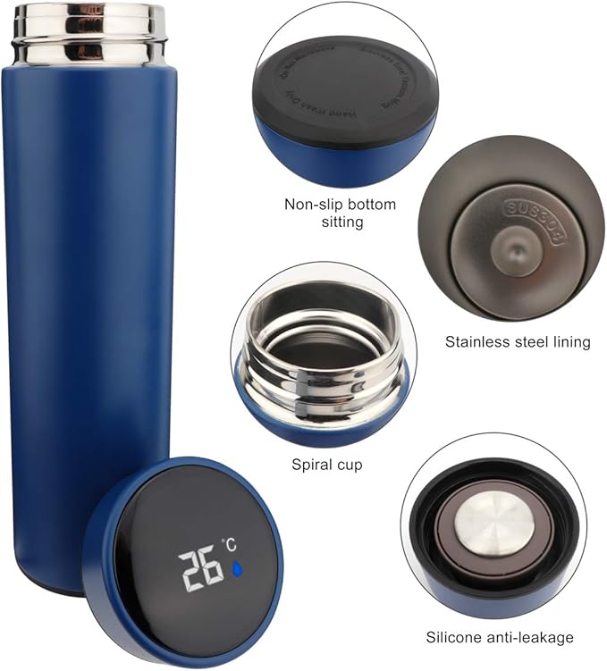 QiCheng&LYS Coffee Cup,Tea Infuser Bottle,Smart Sports Water Bottle with LED Temperature Display,17 OZ Vacuum-Insulated Stainless-Steel Water Bottle(Blue)