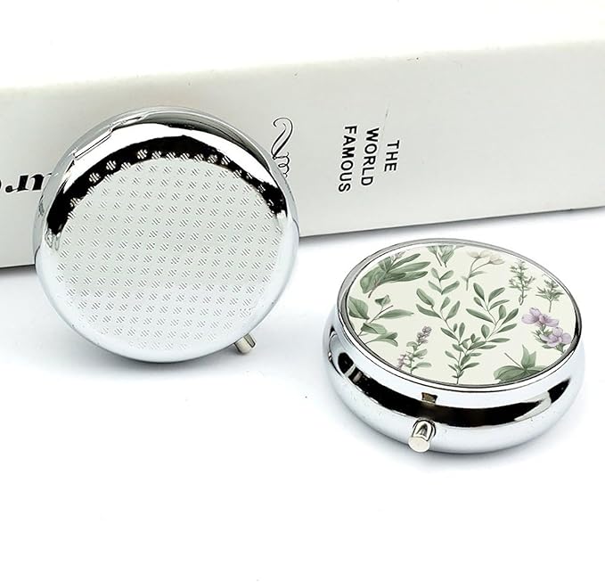 Green Flower Herb Sage Leaves and Branches Pill Box Travel Pill Case for Purse Pocket Weekly Medicine Organizer with Mirror 3 Compartment Round Medicine Case Portable PillcaseHolder for Daily