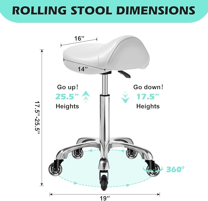 Ergonomic Saddle Stool with wheels - Upgraded Thicker Leather Seat Cushion, Healthy Posture Correction, Silky Smooth Gliding, Adjustable Rolling Saddle Stool Chair for Salon Medical Massage, White