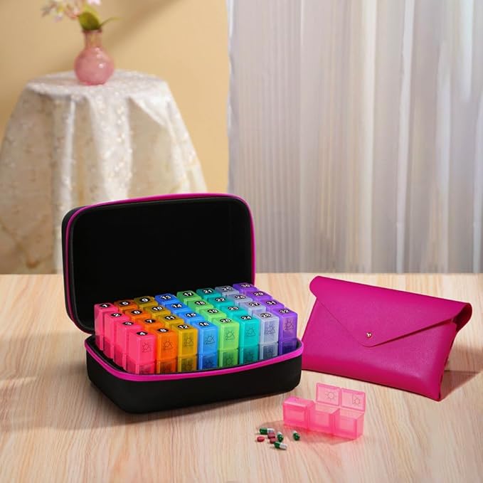 31-Day Monthly Pill Organizer with 3 Daily Compartments, Travel Medication Box with Pill Cutter, AM PM Storage Case (Pink)
