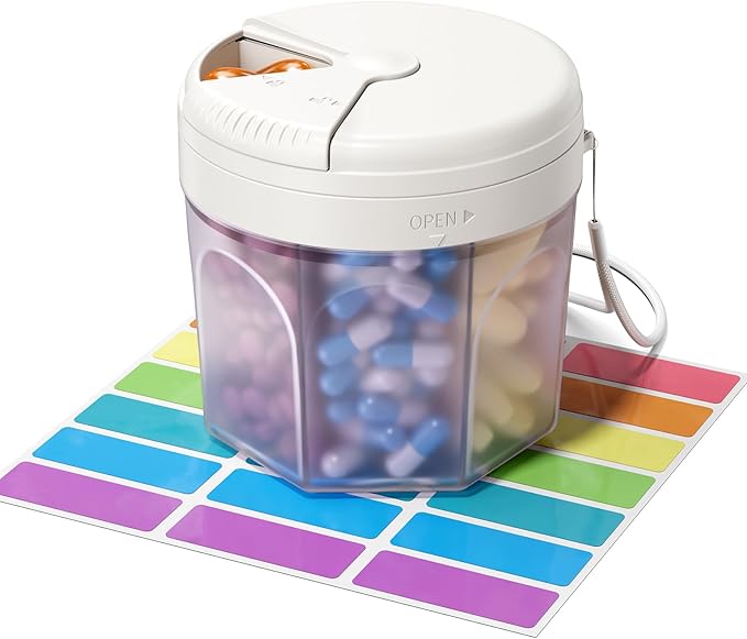 Betife Cute Pill Dispenser with 7 Extra Large Compartments, XL Portable Pill Bottle Organizer 7 Day with Wide Opening for Easy Use, Anti-Mix Pill Organizer for Travel, BPA-Free Large Pill Container