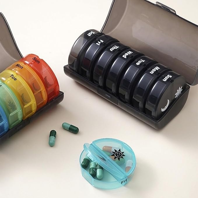 7 Day Pill Organizer 14 Compartments - Morning & Night Pill Box for Vitamins, Supplements, Medication & Fish Oil | BPA-Free PP Plastic, Portable, Easy to Open & Close Daily Pill Case Colorful