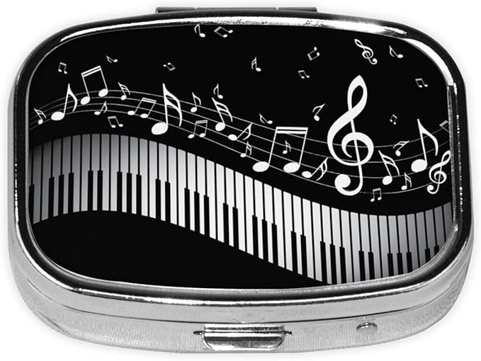 Men Women Pill Box Medicine Pill Case, White Piano Keys with Musical Notes Black Portable Medicine Tablet Vitamin Holder Organizer for Purse Pocket Travel Gift