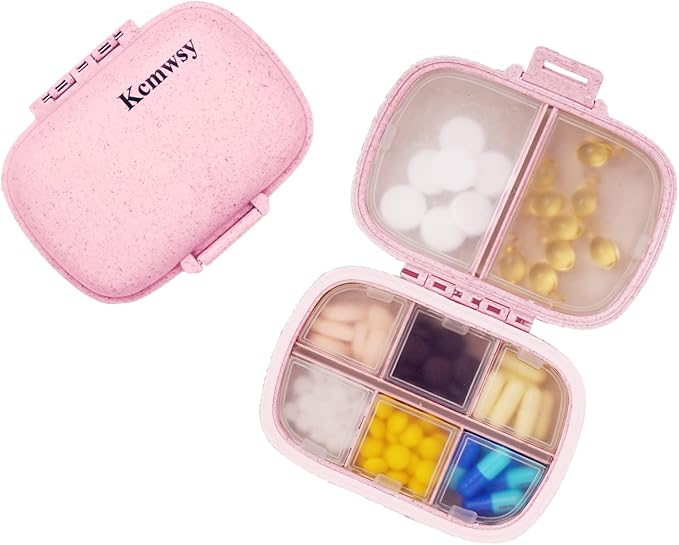 Travel Pill Organizer Small Pill Box Portable Daily 8 Compartment Pill Case for Purse Pocket Medicine Vitamin Holder Container（Wheat Pink）