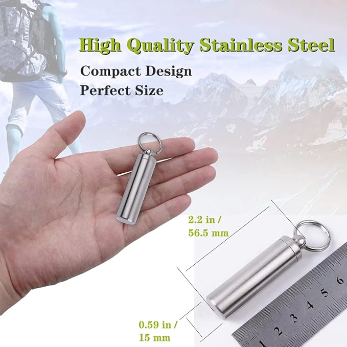 Keychain Pill Holder Container,Portable Waterproof Single Chamber Stainless Steel Pill Box,Small Pill Case for Outdoor Travel Camping