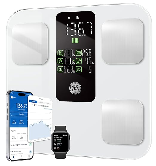 GE Scale for Body Weight: Body Fat, BMI, Muscle Mass, Smart Bathroom Scales with 14 Body Composition Metrics with Large Display, Accurate Bluetooth Weighing Machine with Fitness App, 400 lbs, White