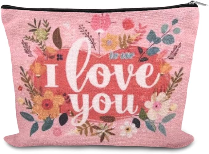I Love You Gfts for Women Makeup Bag Valentines Day Canvas Cosmetic Bag Anniversary Toiletry Bags for Her Flower Travel Make Up Bag Pouch Birthday Gifts for Wife Girlfriend Fiancee Gf Graduation Gifts