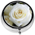 Pill Box with Mirror White Rose 3 Compartment Small Pill Case for Purse Or Pocket Mini Metal Pill Holder Travel Weekly Medicine Tablet Vitamin Holder Organizer Travel Gifts
