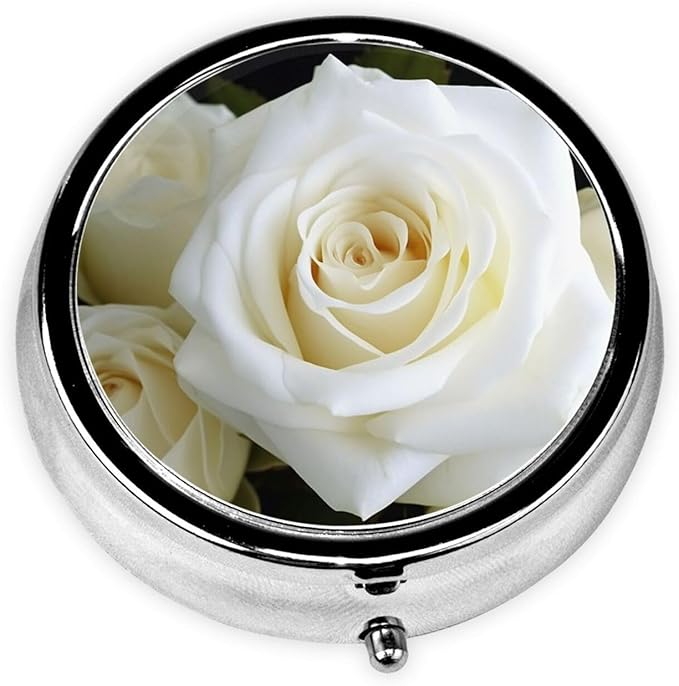 Pill Box with Mirror White Rose 3 Compartment Small Pill Case for Purse Or Pocket Mini Metal Pill Holder Travel Weekly Medicine Tablet Vitamin Holder Organizer Travel Gifts
