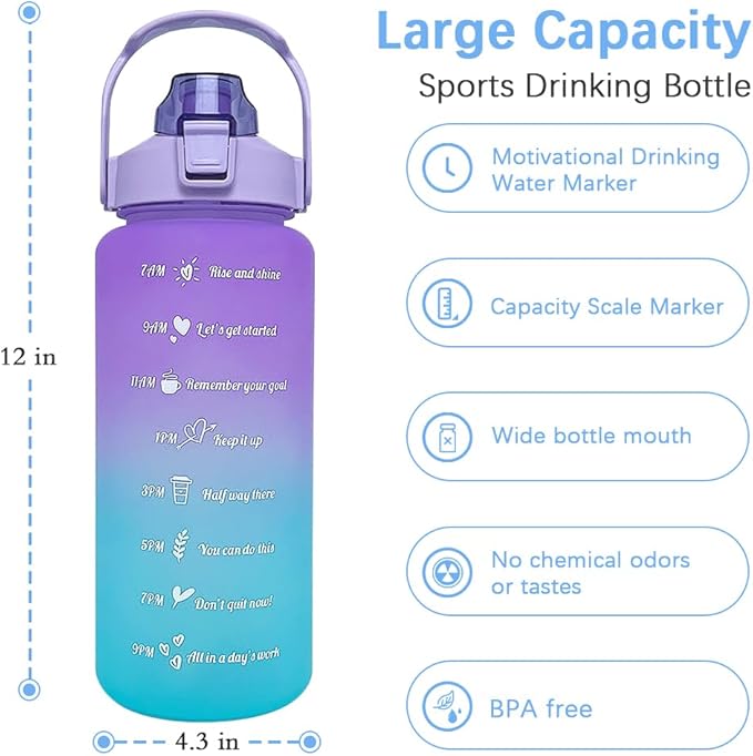 64 oz Large Capacity Water Bottle with Motivational Time Markers and Straw, Portable, Leakproof, BPA Free for Fitness, Gym and Outdoor Sports. (Purple)
