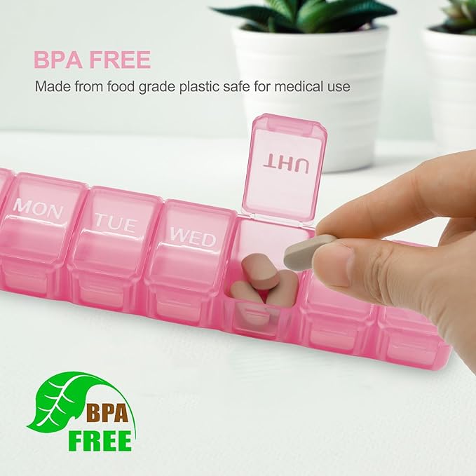 2 PCS Small Weekly Pill Organizer 7 Days,Pocket Daily Pill Case, Daily Planner, Pill Box for Pills/Vitamin/Fish Oil/Supplements (Pink)