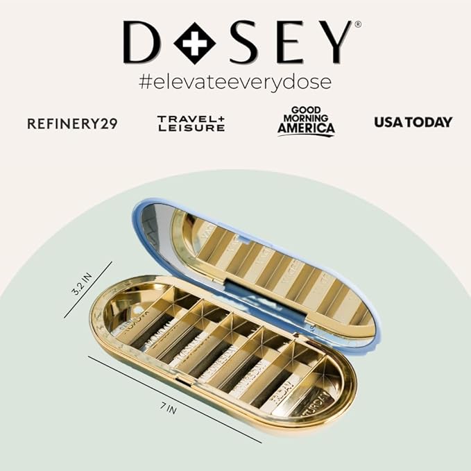 Dosey 7 Day Pill Compact Travel Pill Organizer - Pill Case with 7 Pill Compartments for Medicine Storage & Protection – Stylish & Elegant Medication Organizer with Mirror (Blue)