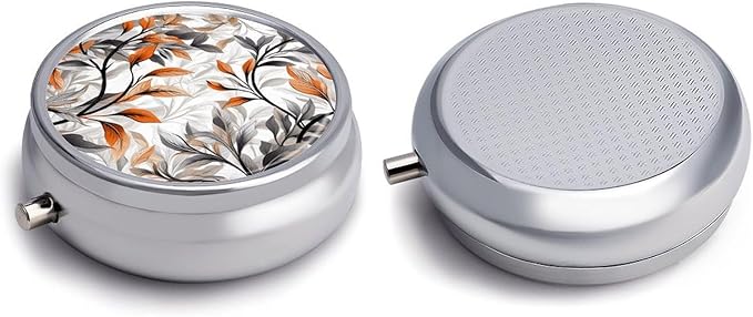 Orange and Gray Leaves Pill Box Travel Pill Case for Purse Pocket Weekly Medicine Organizer with Mirror 3 Compartment Round Medicine Case Portable PillcaseHolder for Daily