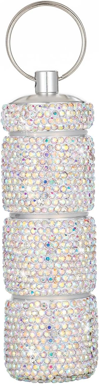 Keychain Pill Holder Box Travel Small Pill Case Bling Portable Purse Medicine Case Container Metal Pill Organizer Fob for Vitamin Medicine(Ab)