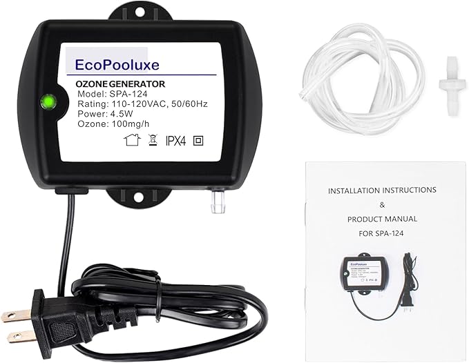 SPA-124 Spa-Ozonator Kit, 100mg/h Efficient Output Ozone Machine, Mini Portable Ozone-Generator with Check Valve&PVC Hose for Cold Plunge and Hot Tub, Black