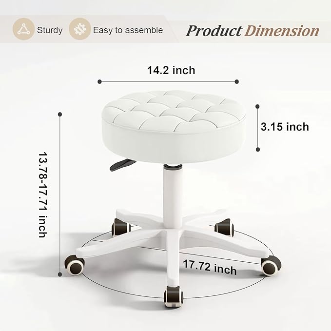 Small Rolling Stool with Wheels, PU Leather Height Adjustable Vanity Work Task Stool, 360 Swivel, Padded Seat Cushion,for Salon, Home, Office