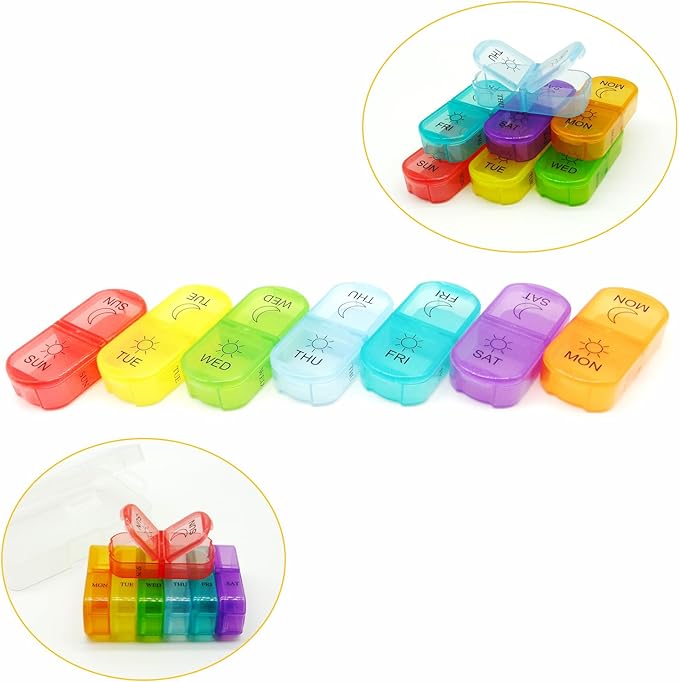Travel Pill Organizer 7-Day for Purse Pocket, Daily Medicine Case Box with 14 Compartment Weekly Meds Container Reminder Planner AM PM Hold Medicine, Vitamin, Supplement, Fish Oil, Colorful
