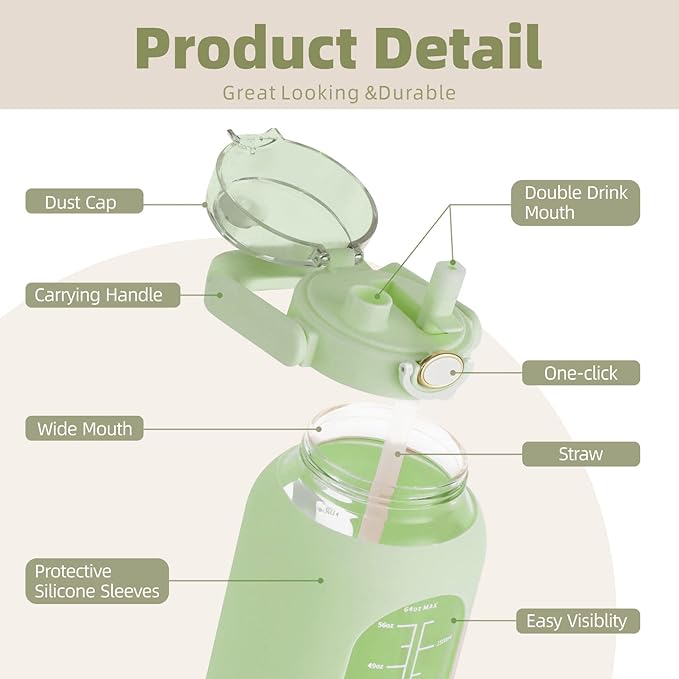 Glass Water Bottle with Straw and Handle Lid Half Gallon Motivational Glass Bottle with Silicone Sleeve and Time Marker Large Reusable Sports Water Jug for Gym Home Workout