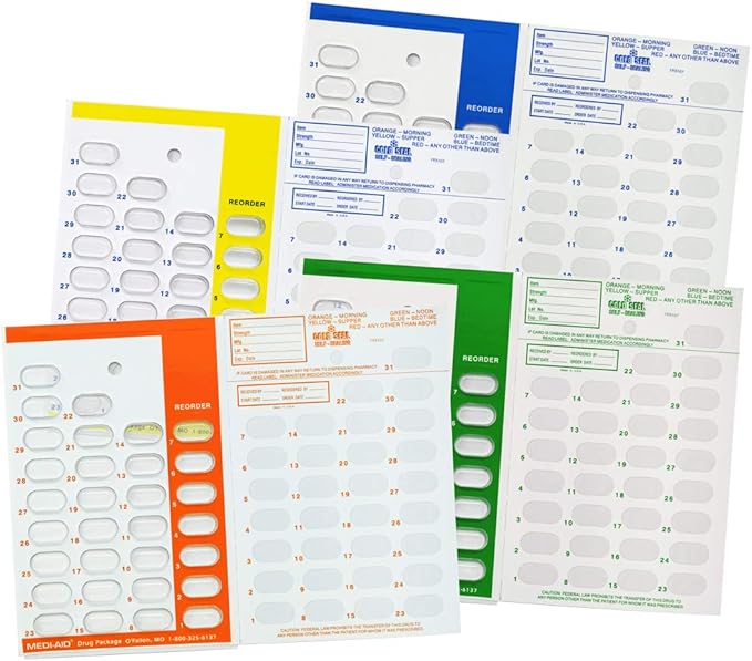 Color Coded Monthly 31 Day Medication Blister Cards Cold Seal - Daily, AM/PM, 3X, 4X a Day Pill Organizer (4 Pack - Orange, Green, Yellow, Blue)