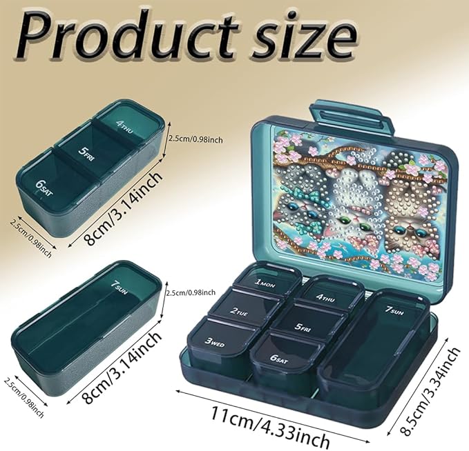 C'eitura DIY Cat Diamond Art Painting 7 Day Black Pill Organizer with 7 Lid, Weekly Medication Box with Detachable Compartments, Fun DIY Craft Project for Adults, Elegant Pill Case for Purse & Travel