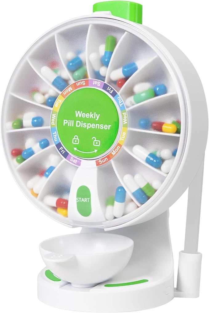 Weekly Pill Dispenser, 14 Compartment Pill Organizer with One-Press Button, Wall Mount or Countertop Medicine Dispenser with Cup, Easy Medication & Vitamin Organizer for Seniors (Green)
