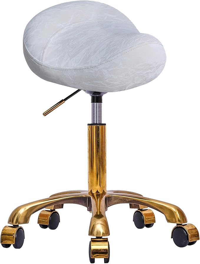 Saddle Stool Gold Rolling Stool with Wheels, PU Leather Roller Vanity Chair, Height Adjustable Swivel Saddle Chair for Pedicure, Tattoo, Massage, Salon, Spa (White)