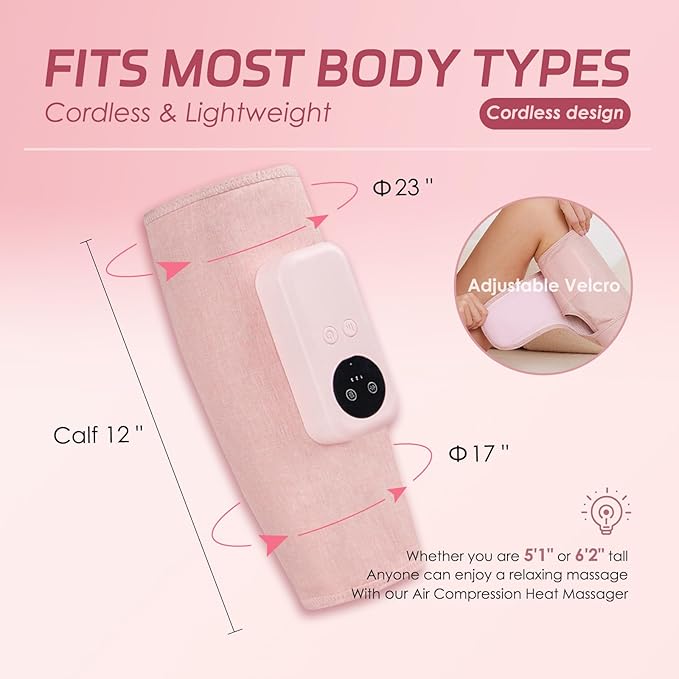 Air Compression Leg Massager, Cordless Calf Massager with Heat, Air Compression Leg Massage for Circulation and Pain Relief, Gifts for Dad Mom Men Women, Pink (Single)