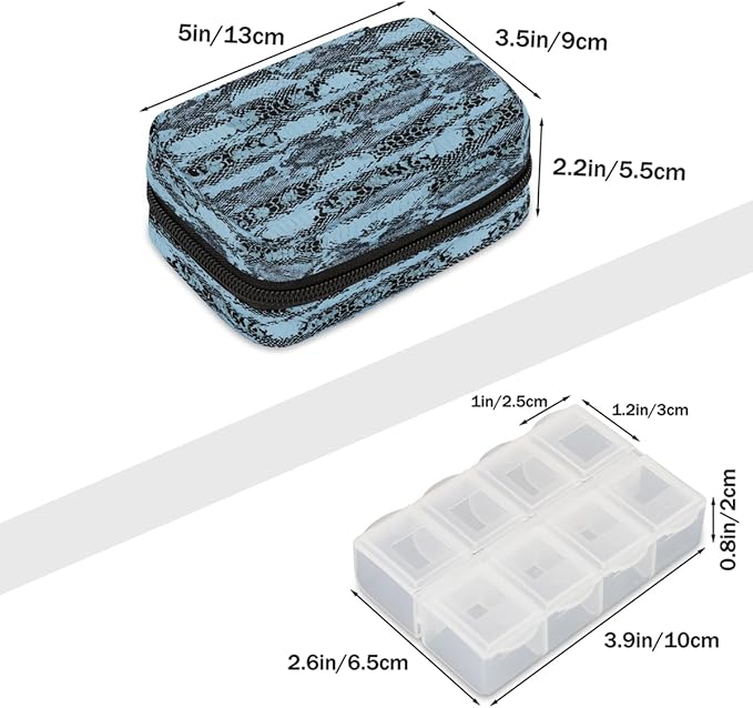 Blue Snakeskin Pill Case Everyday Travel, 7 Day Weekly Medicine Pill Box Compact Portable Pills Bottle Organizer with Zipper for Daily Vitamin Medicine Holder Bottle Organizers Bag