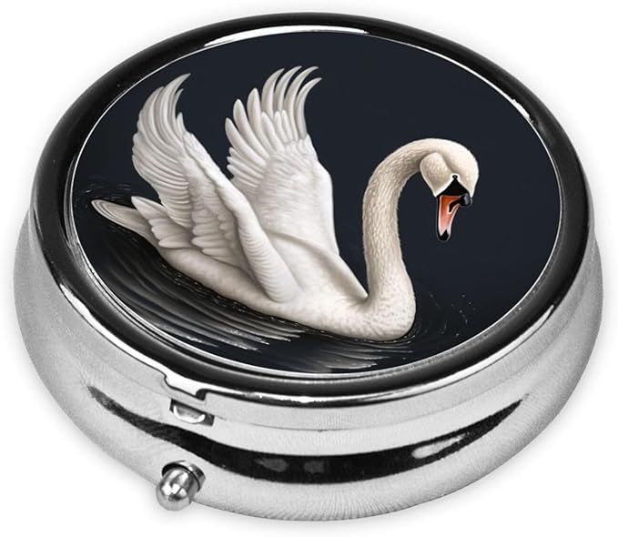 Pill Box 3 Compartment Medicine Pill Organizer White Swan Round Pill Case for Purse & Pocket Travel Pillbox Portable Metal Medicine Vitamin Fish Oil Organizer Unique Gift