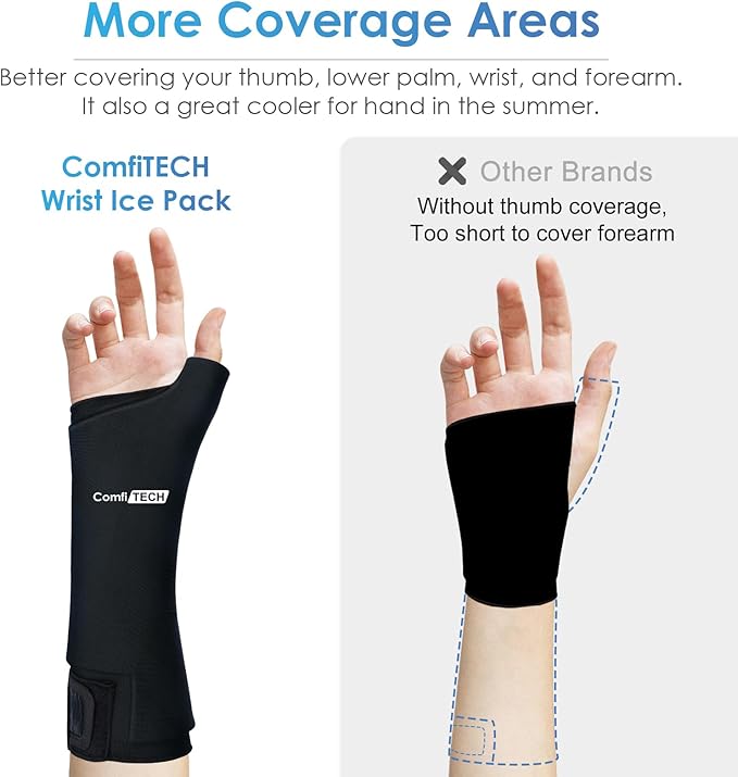 Comfitech Wrist Ice Pack Wrap for Hand, Thumb & Arm with Extended Coverage, Carpal Tunnel Cooling Sleeve for Better Putting On & Off, Cold Gloves Reusable, Large