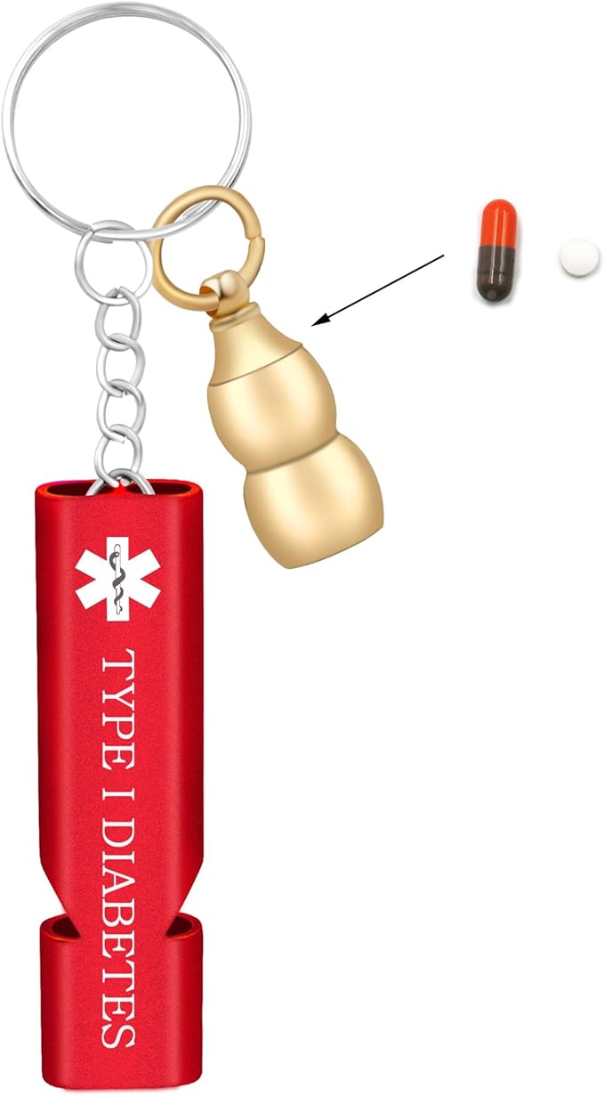 Brass Gourd Pill Organizer Keychain with Red Whistle – I Type Diabetes Alert, Waterproof Medical Storage for Outdoor and Daily Use