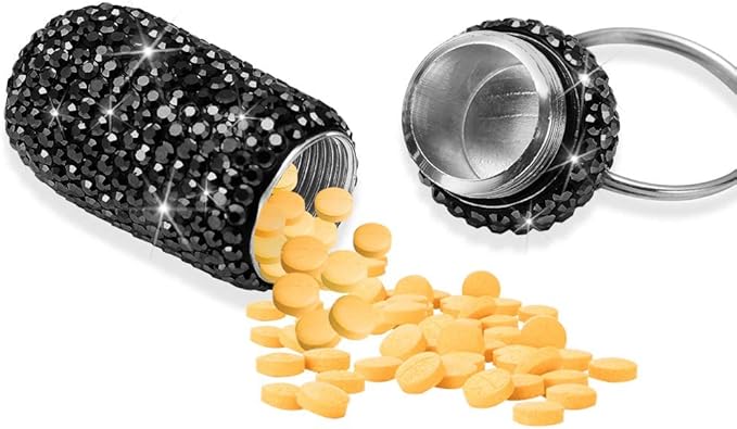 Portable Pill Case Pill Container Waterproof Pill Holder with Keychain Bling Pill Box Medicine Dispenser Bottle Storage for Outdoor Camping Travel (Black)