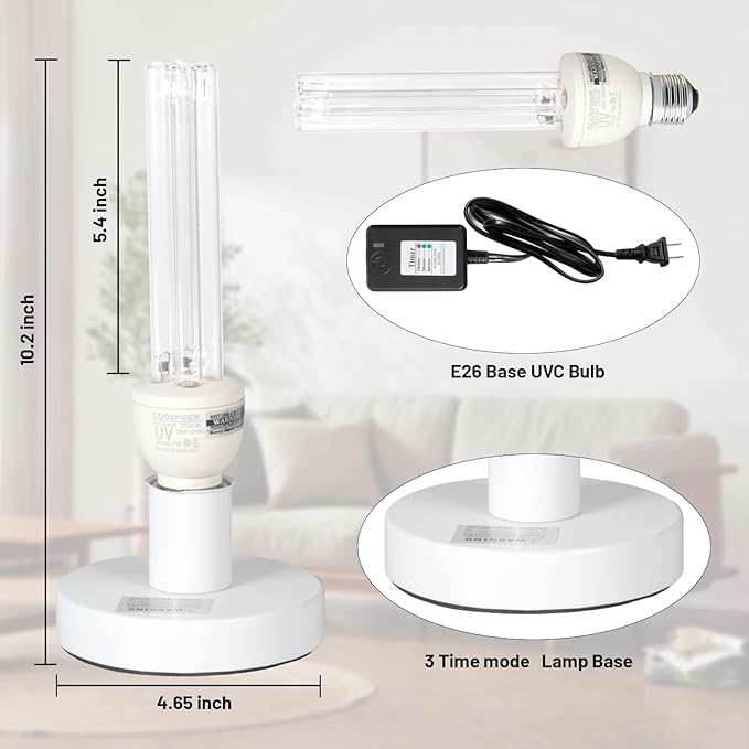 25 Watts UVC Sanitizer Lamp with Ozone UVC Light Bulb with Base and 3-Gear Timer 185nm Wavelength UV Light for Bedroom/Closet/Kitchen/Bathroom E26 Base 110V CTUV-25