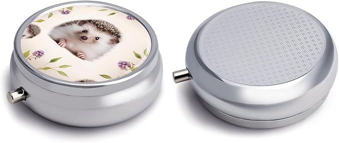 Cute Baby Hedgehog Pill Box Travel Pill Case for Purse Pocket Weekly Medicine Organizer with Mirror 3 Compartment Round Medicine Case Portable PillcaseHolder for Daily