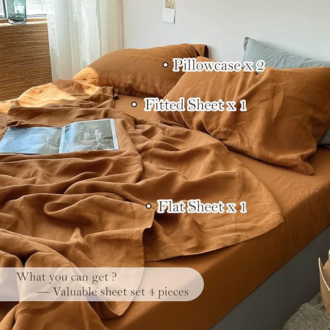 Simple&Opulence Washed Linen Bed Sheet Set Basic Style 4 Pieces (1 Flat Sheet & 1 Fitted Sheet & 2 Pillowcases) 100% Natural French Flax Soft Breathable Farmhouse Bedding (King, Rust)