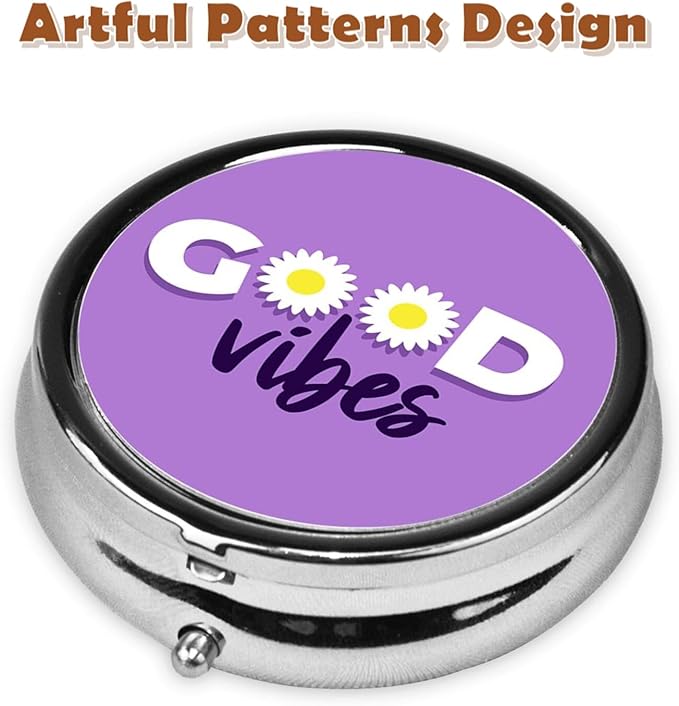 Metal Pill Organizer - 3-Compartment Mini Round Pill Case for Pocket & Purse, Portable Vitamin Holder, Easy-Open Design for Travel - Good Vibes