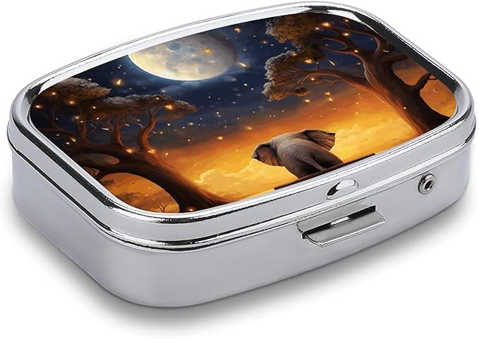 Animal Elephant Owl Tree Moon Star Pill Box Small Metal Pill Case for Purse & Pocket 2 Compartment Pill Organizer with Mirror Travel Pillbox Medicine Case Portable Pill Container Unique Gift