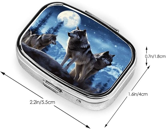 Square Pill Box 2 Compartment Medicine Pill Case Wolfs Pill Box for Purse Pocket Waterproof Metal Pill Container Portable Pill Holder Mini Pill Organizer for Travel or Daily