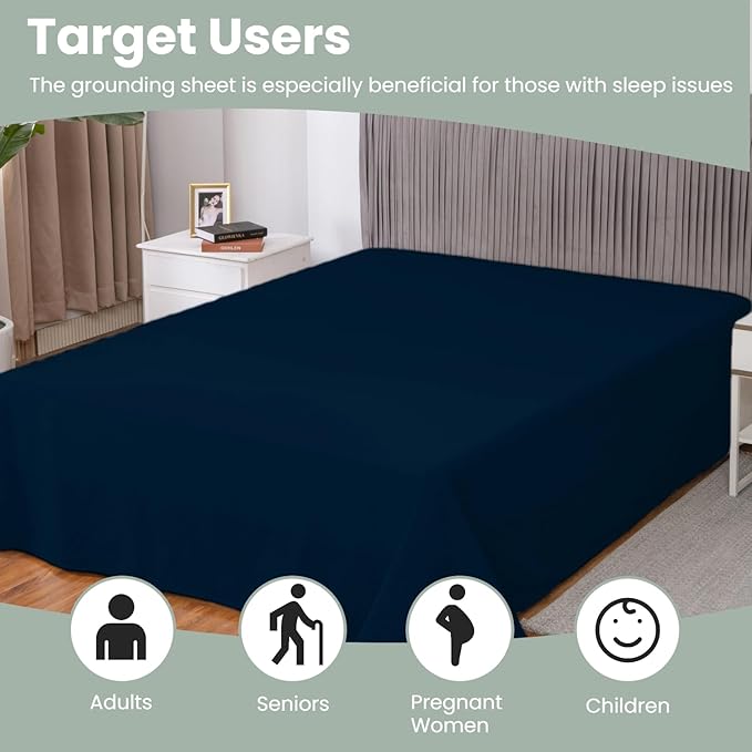 GLUYOHEY Grounding Flat Sheet Full Size (81"x96") Conductive Silver Fiber Earthing Bed Sheets with Grounded Cord Reconnect with Earth’s Energy for Better Sleep and Enhanced Wellness, Dark Blue