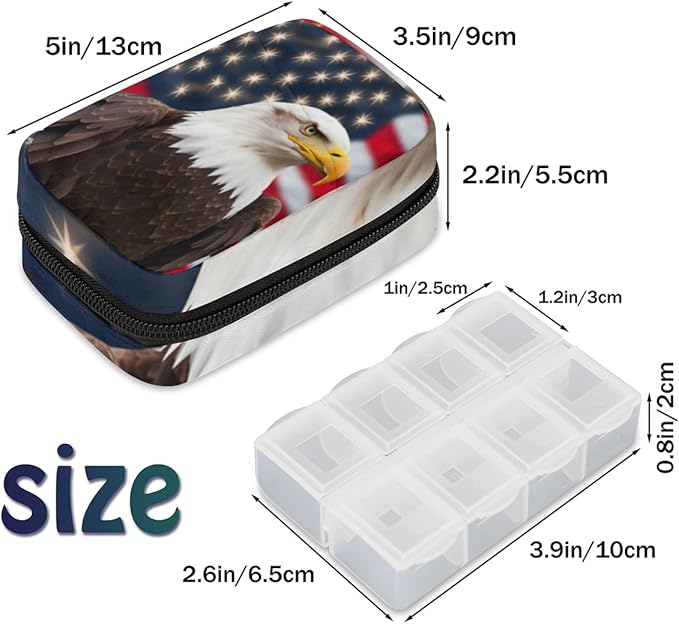 American Flag Eagles Travel Pill Organizer Bag Portable Weekly Pill Box Travel Medicine Organizer 7 Day Pill Case with Zipper for Daily Travel Family Business