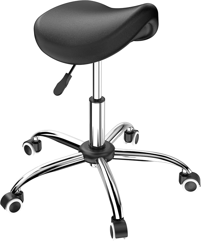 Professional Saddle Stool with Wheels Rolling Saddle Stool with Extra-Wide Base Heavy-Duty Stable Stool Adjustable Height Ergonomic Chair for Office, Workshop, Salon & Clinic