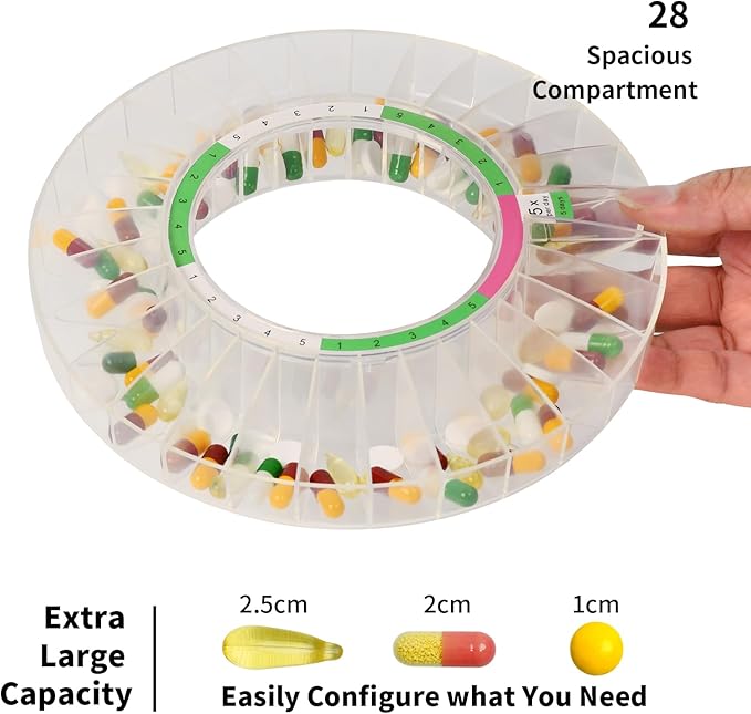 28-Day Automatic Pill Dispenser with Sound & Light Alerts for Elderly, up to 6 Alarms/Day, 6 Dosage Templates, Locked Frosted Lid Medication Dispenser for Protecting Pills Privacy
