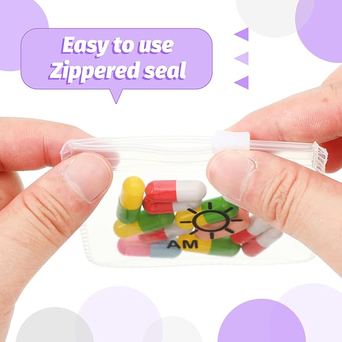 56 Pcs AM PM Pill Pouches Bags Travel Pill Bags Zippered Medicine Organizer Day and Night Pill Bag Reusable Plastic Pill Baggies with Slide Lock Monthly Pill Organizer 2 Times a Day (Clear, Purple)