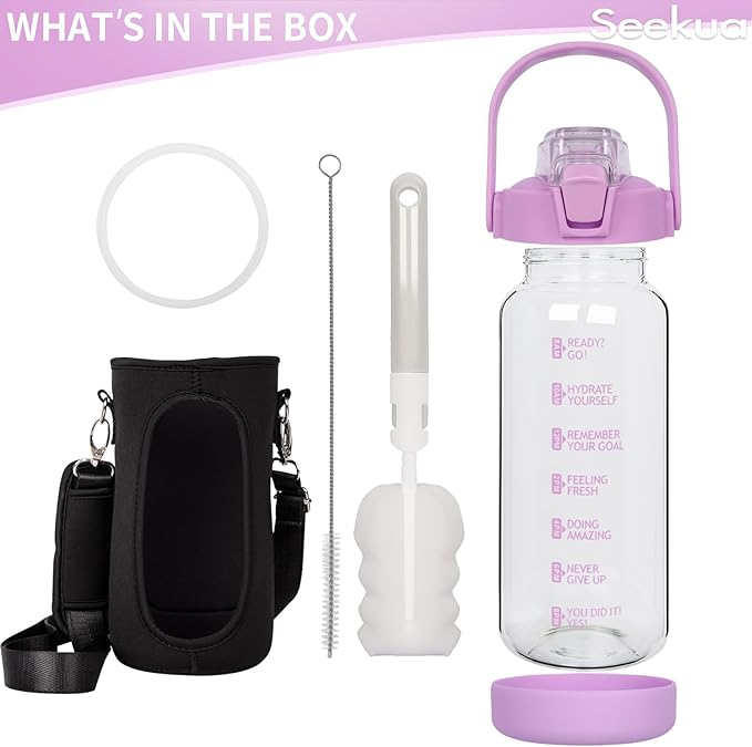 48 oz Glass Water Bottle with Straw and Time Marker, Large Motivational Borosilicate Glass Drinking Bottle with Silicone Boot and Sleeve