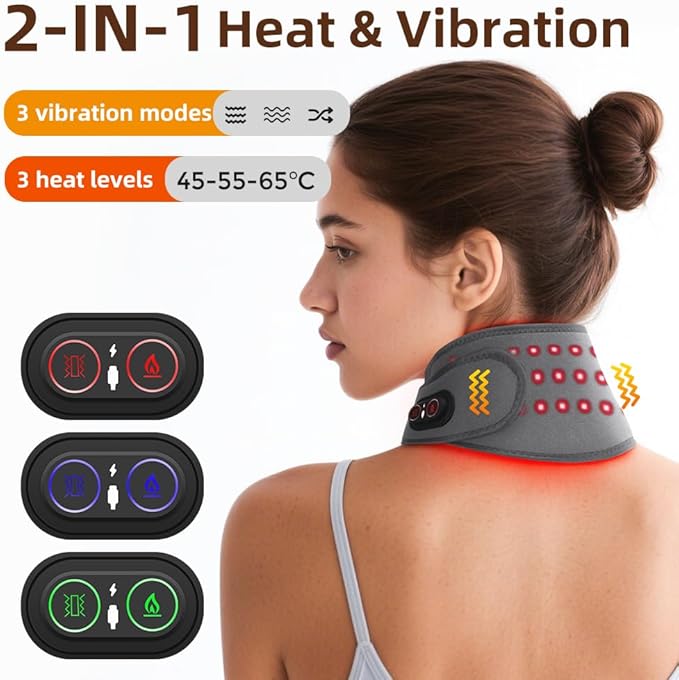 Cordless Neck Heating Pad for Pain, Neck Massager with 660nm 850nm Red Light, Heated Neck Wrap with 3000mAh Rechargeable, 3 Levels Heat & Massage, Gray