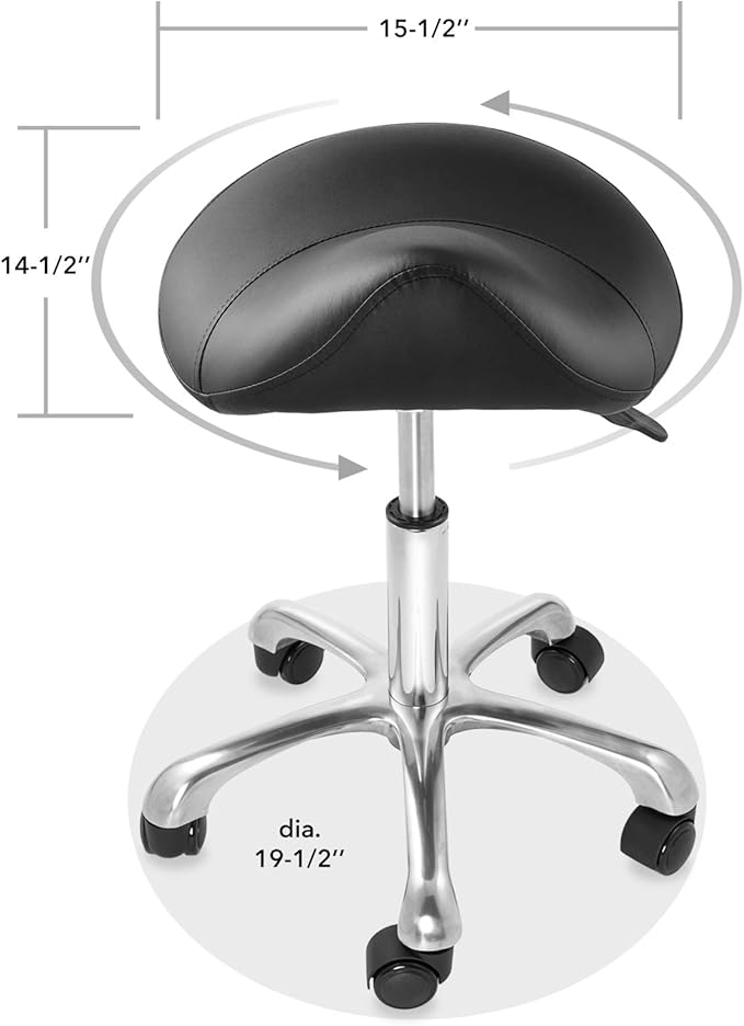 Saloniture Professional Ergonomic Saddle Stool, Black - Adjustable Hydraulic Seat, Rolling Spa Salon, Massage, and Medical Office Chair with Swivel Wheels