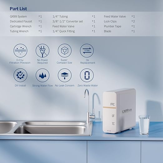 Frizzlife GX99 0.01μm Ultra Filtration Under Sink Water Filter System, Reduce 99.99% Lead, Chlorine, Bad Taste & Odor, with Brushed Nickel Dedicated Faucet, No Waste Water, No Power Required, USA Tech