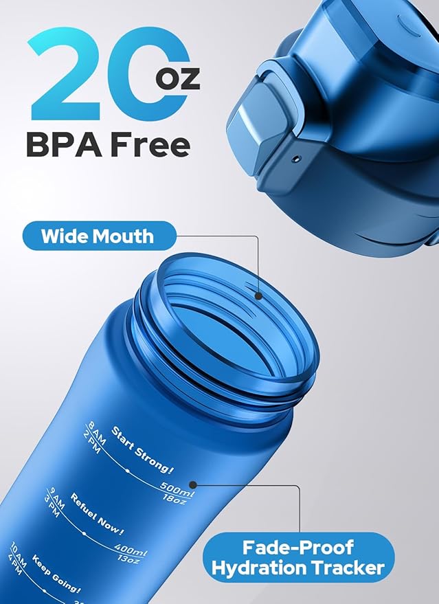 Opard 20oz Plastic Water Bottle Dishwasher Safe, Leakproof Flip-Top Lid, BPA Free Tritan, Wide Mouth Reusable Kids Water Bottle for School Hiking Commuting Outdoor Travel and Gym(Ice Blue)