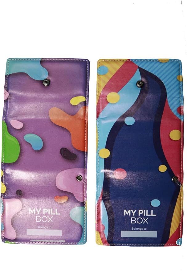 Weekly Pill Box Organizer, 8 Compartments, Portable Travel Pill Case, Folding Cover to Hold Medication, Supplements - Kids/Teen Paint Splash Purple
